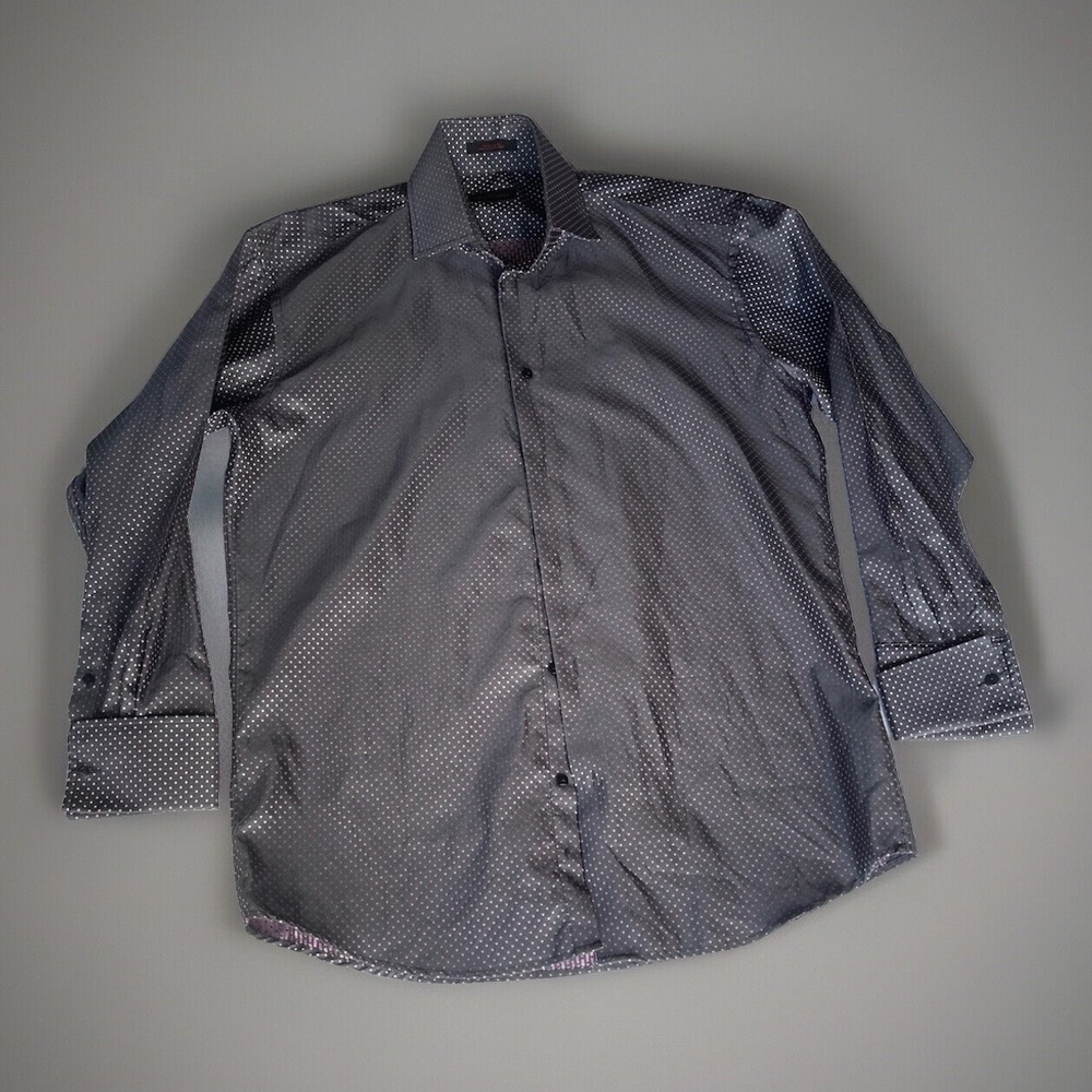Leonardi Mens XL Button Down Shirt Grey Pink Polka Dot French Cuff Long Sleeve